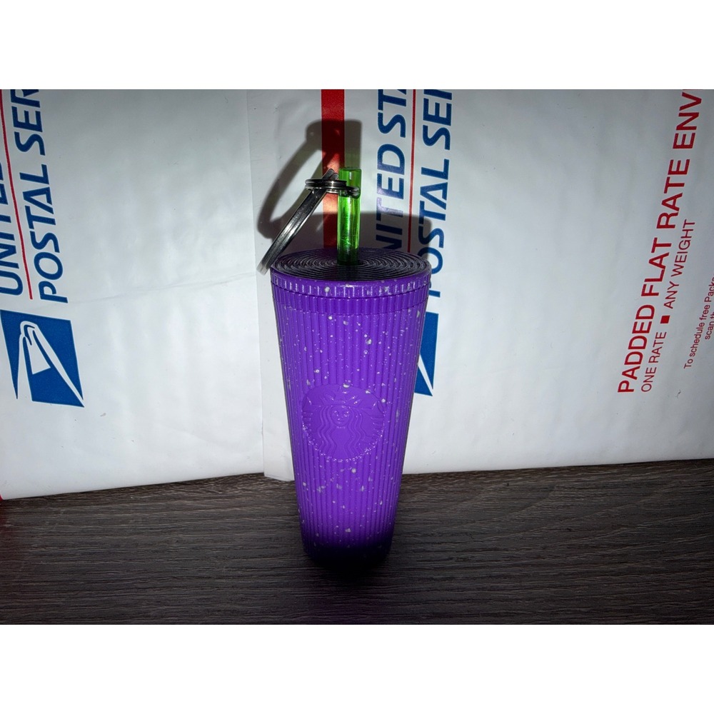 Starbucks Purple Speckled Tumbler Green Straw Keychain Halloween Glow‎ In Dark
